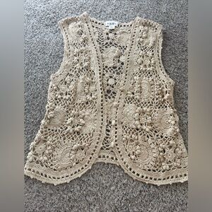 Vintage crochet silk cotton bobble knit vest tan side medium
